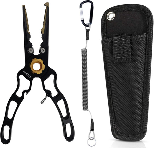 Fishing Pliers Saltwater,Fishing Gear,Fishing Tools,Headbraid Cutters Split Ring Pliers Hook Remover with Sheath and Lanyard (Black (Aluminum))