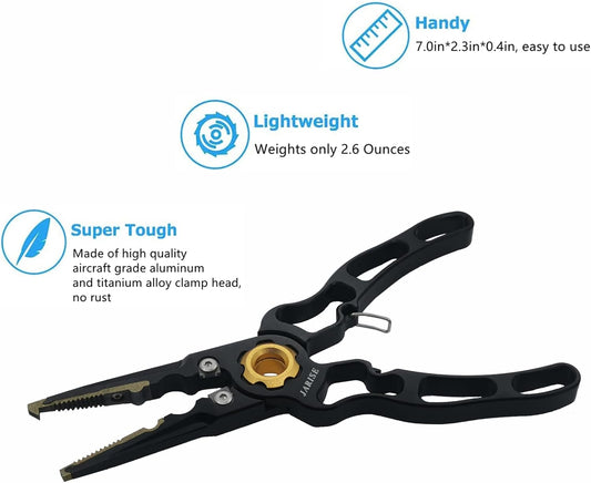 Fishing Pliers Saltwater,Fishing Gear,Fishing Tools,Headbraid Cutters Split Ring Pliers Hook Remover with Sheath and Lanyard (Black (Aluminum))